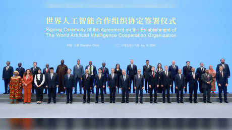 Representatives of 29 nations at the World Artificial Intelligence Cooperation Organization in Shanghai, China, July 16, 2026.