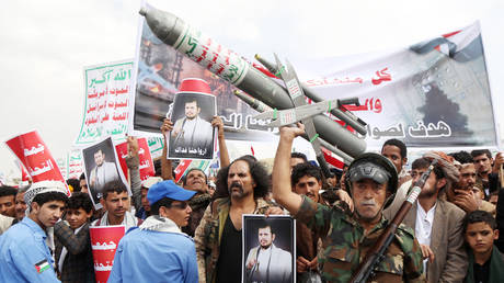 A pro-Houthi protest in Sana'a, Yemen, on July 17, 2026.
