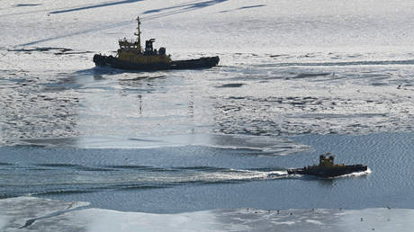 Ships sail in the ice-covered Golden Horn bay, at the Far Eastern port of Vladivostok, Russia, in January 2026.