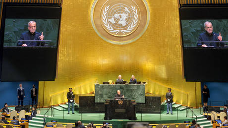 Iranian President Masoud Pezeshkian at the UN General Assembly in New York, September 23, 2026.