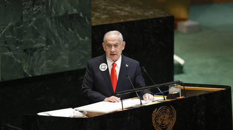 FILE PHOTO: Prime Minister of Israel Benjamin Netanyahu speaks during the 80th UN General Assembly in New York, September 26, 2025