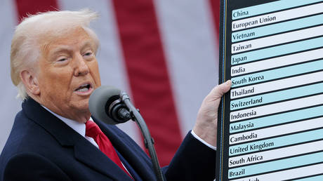 FILE PHOTO. US President Donald Trump holds up a tariffs chart at the White House on April 2, 2025.