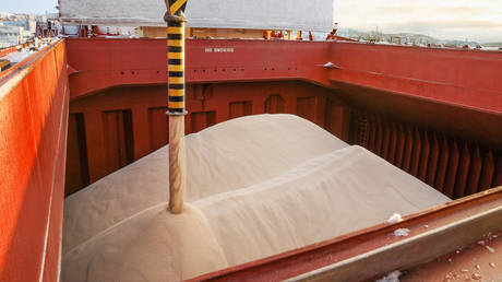 A ship-loading machine loads natural mineral fertilizers into the hold of a bulk carrier.