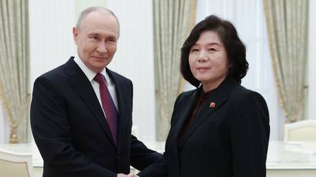 Russian President Vladimir Putin shakes hands with North Korean Foreign Minister Choe Son-hui during a meeting at the Kremlin, in Moscow, Russia, July 19, 2026.