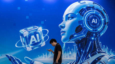 A visitor walks by a billboard for AI as they attend the PT Expo on September 22, 2026 in Beijing, China.