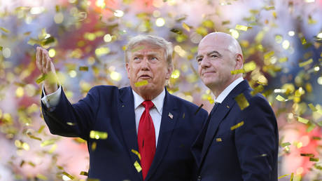 FIFA President Gianni Infantino and US President Donald Trump during the 2026 FIFA World Cup final in East Rutherford, New Jersey, on July 19, 2026.