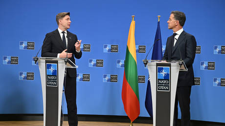NATO Secretary General Mark Rutte and Lithuanian Prime Minister Mindaugas Sinkevicius hold a press conference in Brussels on September 29, 2026.