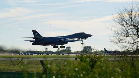 A US B-1 bomber departs RAF Fairford, UK, on October 4, 2026.