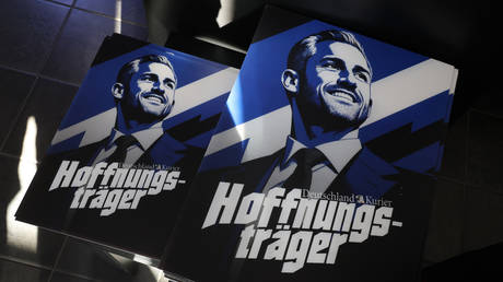 Placards showing Ulrich Siegmund, lead candidate of the far-right Alternative for Germany (AfD), and reading 'Beacon of hope' in Magdeburg, Germany