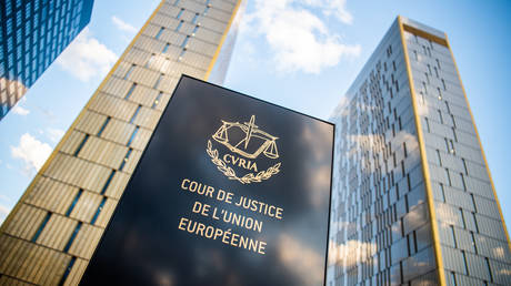 FILE PHOTO. Sign in front of the office towers of the European Court of Justice in Luxembourg.