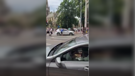 Screenshot from a video showing a car striking pedestrians in London on June 28, 2026.
