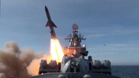 FILE PHOTO: The flagship of the Russian Pacific Fleet, Varyag missile cruiser, launching a Vulkan anti-ship cruise missile during drills.