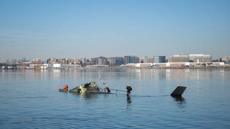 FILE PHOTO: Pieces of wreckage are seen in the Potomac River in Washington DC, US, on January 30, 2025.