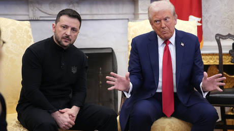 US President Donald Trump (R) and Ukraine's Vladimir Zelensky in the Oval Office at the White House, Washington, DC, February 28, 2025.