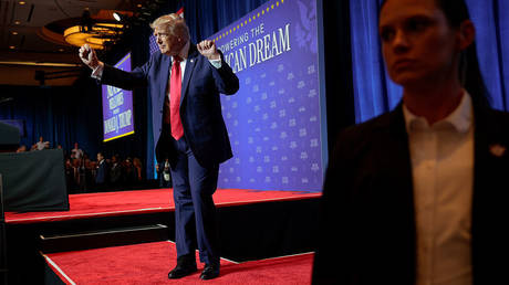 US President Donald Trump gestures to the audience after delivering remarks during an event in Las Vegas on August 05, 2026.