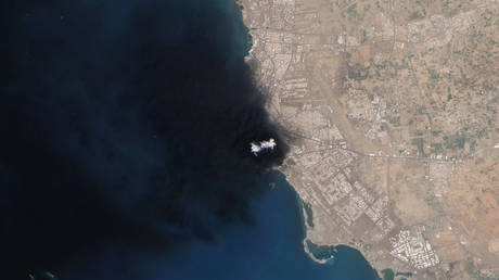 Satellite image shows smoke rising from Saudi Aramco’s Jazan Bulk Plant after Houthi strikes on September 8, 2026.