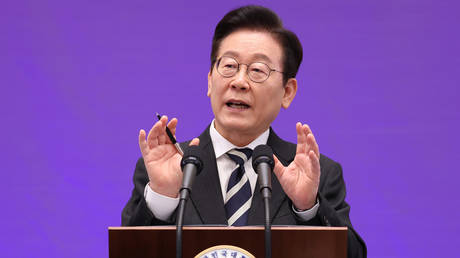 FILE PHOTO: South Korean President Lee Jae Myung speaking during a press conference.