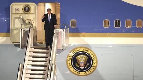 US President Donald Trump on Air Force One at Beijing Capital International Airport, May 13, 2026.