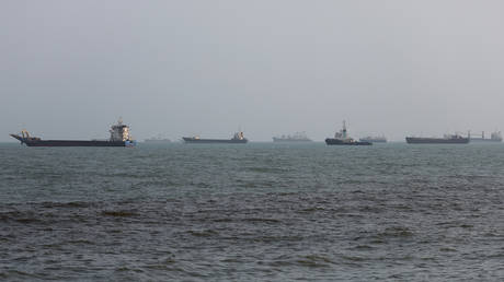 Ships are anchored in the Strait of Hormuz  off the coast of Bandar Abbas, Iran on August 10, 2026.