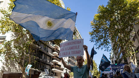 Falklands War veterans outside the British Embassy in Buenos Aires, Argentina, April 2, 2025.