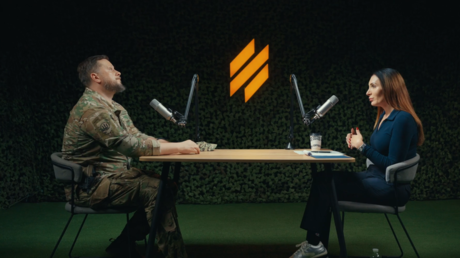 A screenshot from American influencer Laura Loomer's interview with the founder of the notorious Ukrainian Azov unit, Andrey Biletsky.