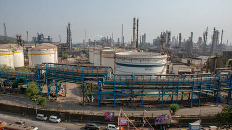 Storage tanks at the Hindustan Petroleum Corp. oil refinery on April 23, 2026 in Mumbai, India.