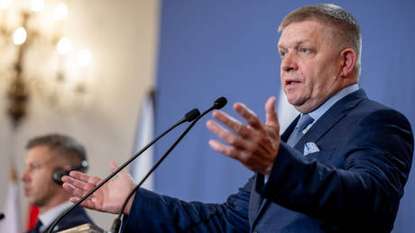 Slovakian Prime Minister Robert Fico speaks during a press conference after a summit of V4 countries on June 23, 2026 in Godollo, Hungary.