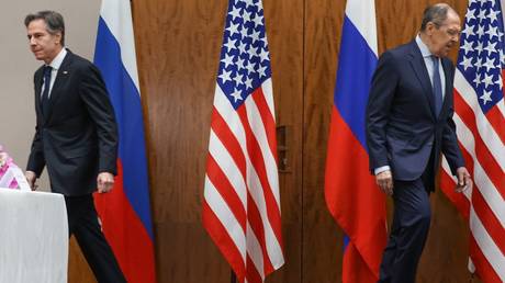 FILE PHOTO: Russian Foreign Minister Sergey Lavrov and then US Secretary of State Antony Blinken meeting in Geneva, Switzerland in January 2022.