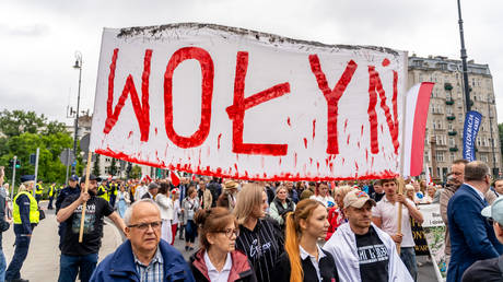 A demonstration in Warsaw honoring Polish civilians killed by Ukrainian nationalists during World War II, on July 12, 2026.