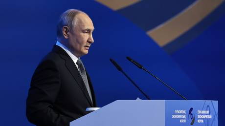 Russian President Vladimir Putin addresses the audience at the Eurasian Economic Forum in Astana, Kazakhstan, May 28, 2026.