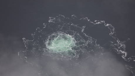 Gas leaking from the ruptured Nord Stream pipelines causes bubbles on the surface of the water at Sea in Sweden on September 29, 2022.