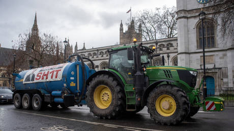 FILE PHOTO: A tractor drives around Parliament Square during the demonstration in London, February 11, 2026