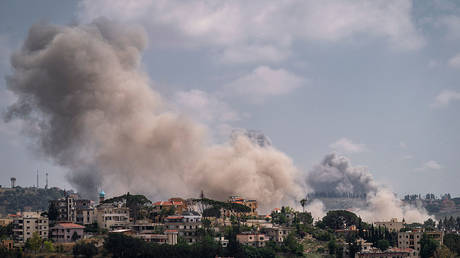 FILE PHOTO: smoke rises after an Israeli airstrike in Nabatieh, Lebanon.