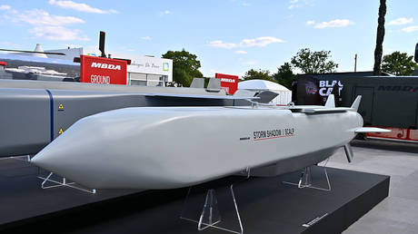 A Storm Shadow/SCALP missile at the Farnborough International Air Show, England, July 20, 2026.