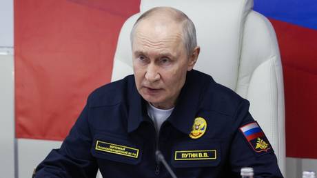 Russian President Vladimir Putin inspects the Pacific Fleet during a naval exercise, Sakhalin Region, August 12, 2026.