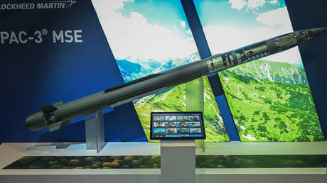 A full-scale cutaway mockup of a Lockheed Martin PAC-3 MSE interceptor missile.
