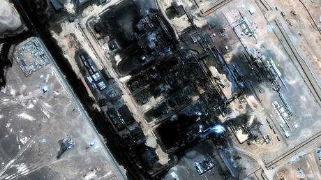 A satellite image showing the aftermath of a drone attack on the East-West Pipeline facilities in Saudi Arabia.