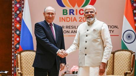 Russian President Vladimir Putin and Indian Prime Minister Narendra Modi meet on the sidelines of the BRICS summit in New Delhi, September 11, 2026.