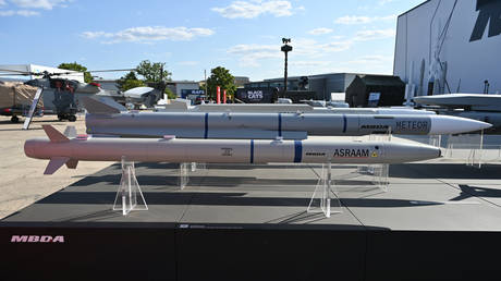 UK-manufactured MBDA METEOR, BVRAAM and ASRAAM missiles displayed during the Farnborough International Air Show, Farnborough, UK, July 20, 2026.