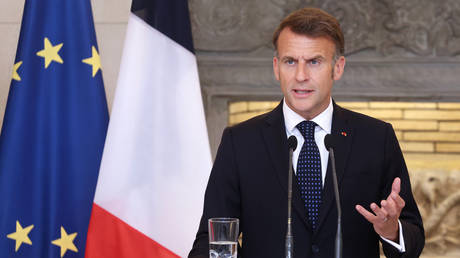 French President Emmanuel Macron at a press conference in Athens, Greece, April 25, 2026.