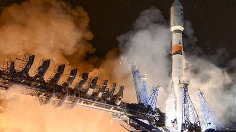 A Russian Soyuz-2.1b rocket blasts off a launch pad at the Plesetsk Cosmodrome, Arkhangelsk region, Russia, on February 5, 2026.