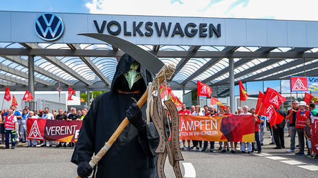 Volkswagen workers protest in Zwickau, Saxony, Germany, July 9, 2026.