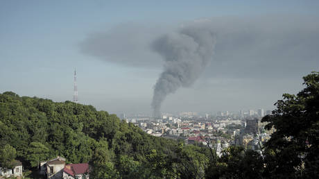 A plume of smoke towers above Kiev, Ukraine on July 02, 2026.