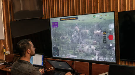 A Ukrainian army unit operates reconnaissance drones using the Starlink satellite network in 2023.