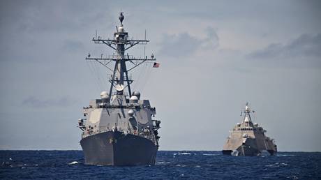 FILE PHOTO: US warships during a deployment in 2014.