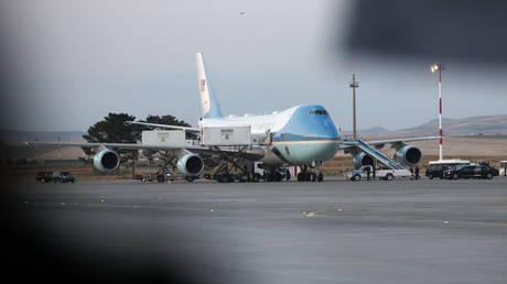 Air Force One sits on the tarmac with an airport catering container adjacent to the body of the aircraft in Ankara, Türkiye on July 08, 2026.