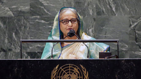 Sheikh Hasina addresses the 76th Session of the U.N. General Assembly at the U.N. headquarters on September 24, 2021 in New York City.