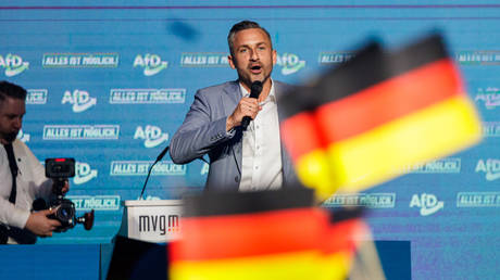 FILE PHOTO:  AfD lead candidate Saxony-Anhalt Ulrich Siegmund addressing the final campaign rally on the eve of state election.