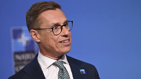 FILE PHOTO: Finnish President Alexander Stubb talking to journalists during a NATO summit in Ankara.