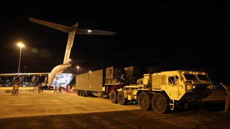 A Typhon mid-range missile system is unloaded at Royal Australian Air Force Base Darwin, Australia, ahead of Exercise Talisman Saber 2025.
